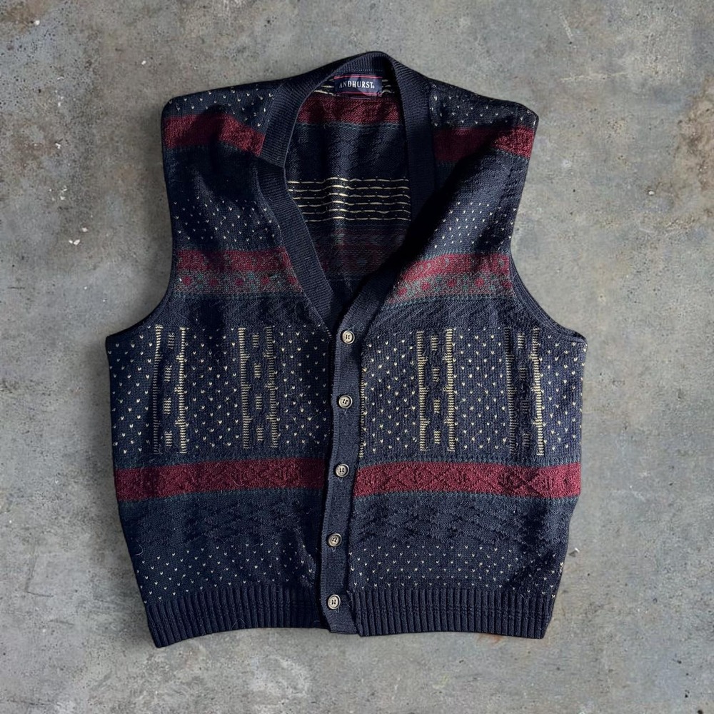 Andhurst Vintage Knit Sweater Vest Navy Burgundy Geometric Grandpa Preppy Siz XL